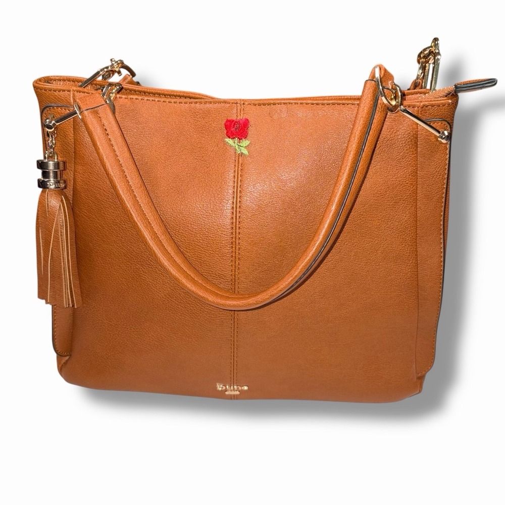 DUNE London Brown Handbag with Gold Colour Detailing Upcycled  Flower Accent